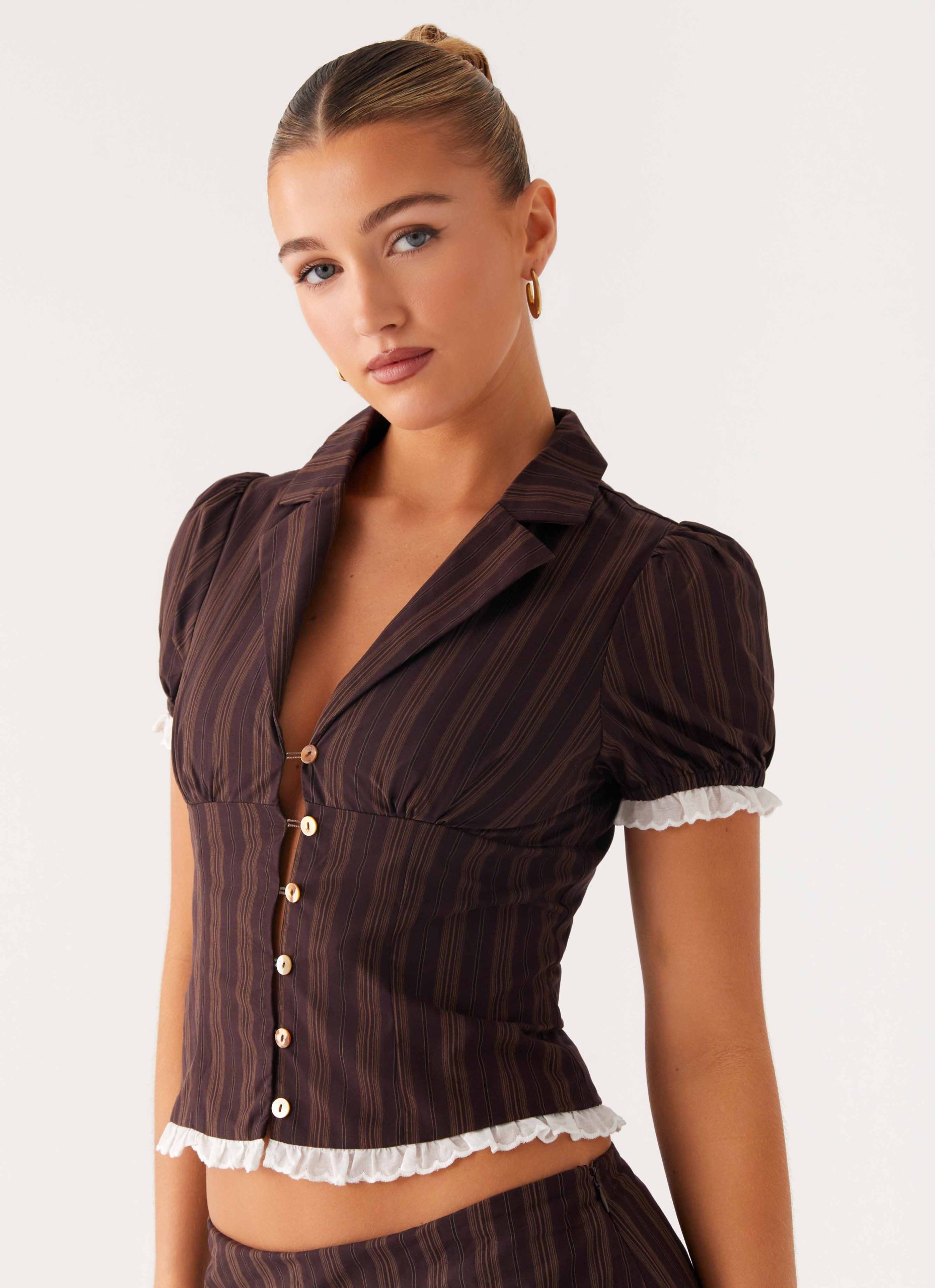 BennetButtonUpTopToffeeStripe5Peppermayo