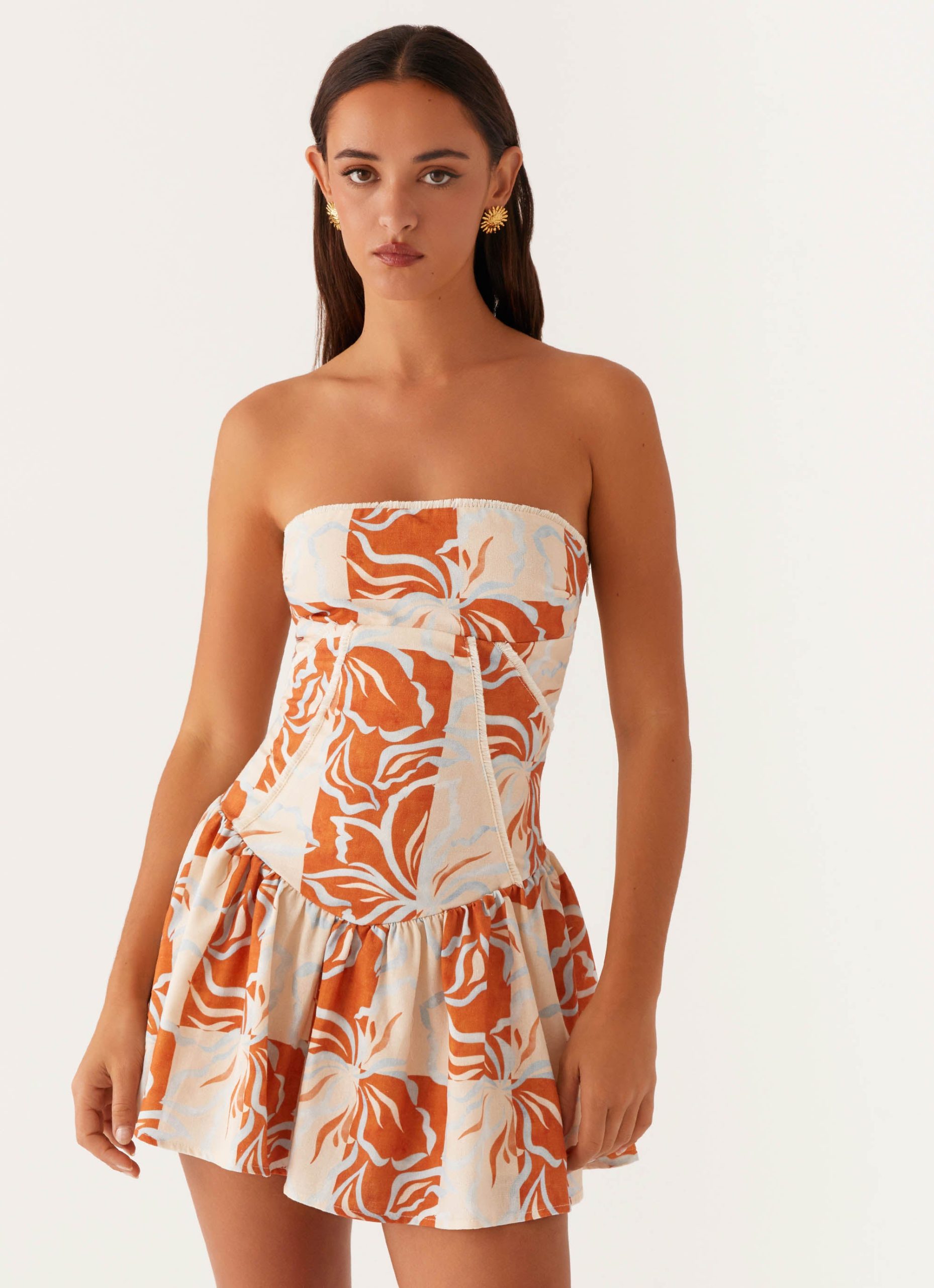 Larnie_Linen_Mini_Dress_Orange_Blue_Floral_4_Peppermayojpg